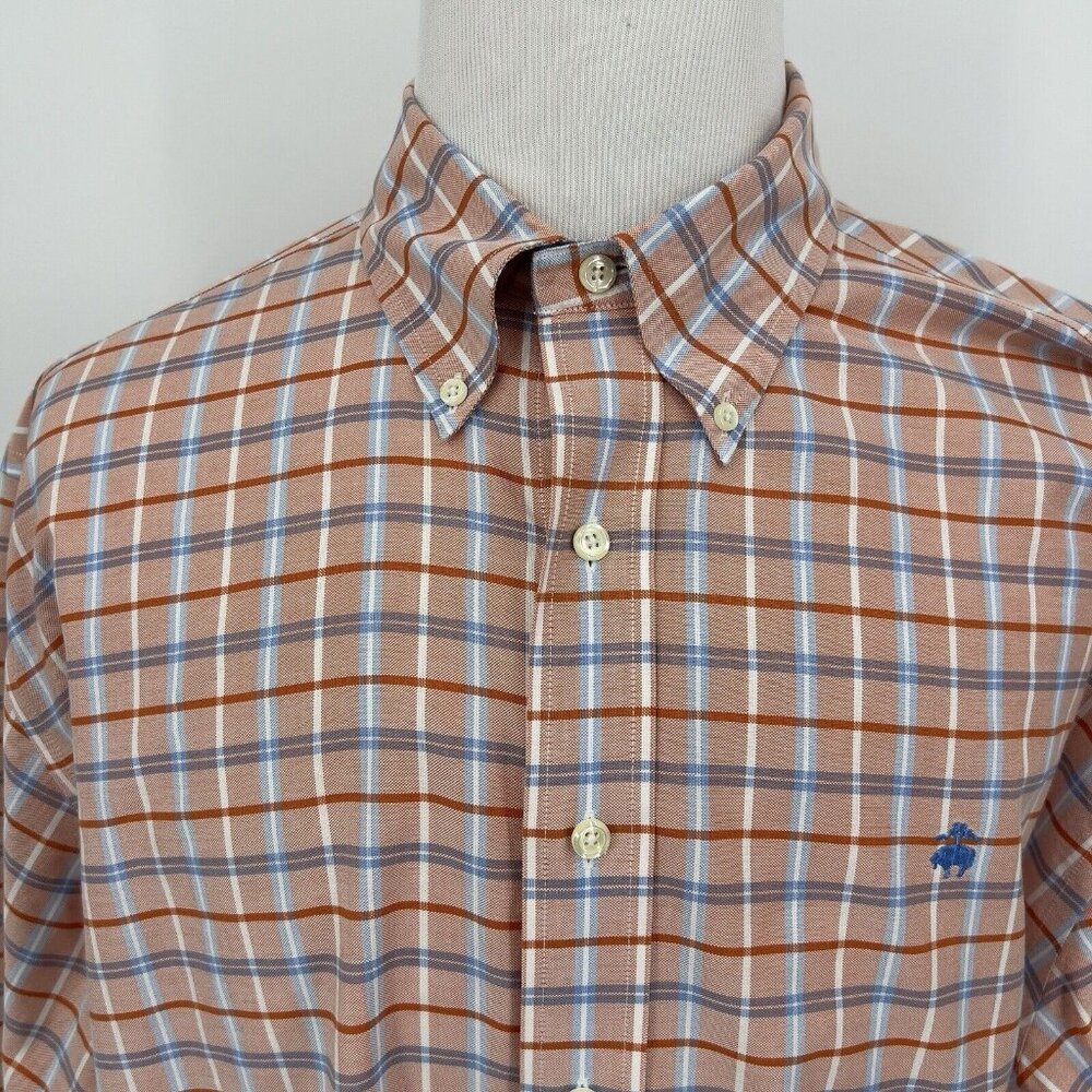 Brooks Brothers Non Iron Men's Casual Shirt XL Extra Large Plaid Orange Blue